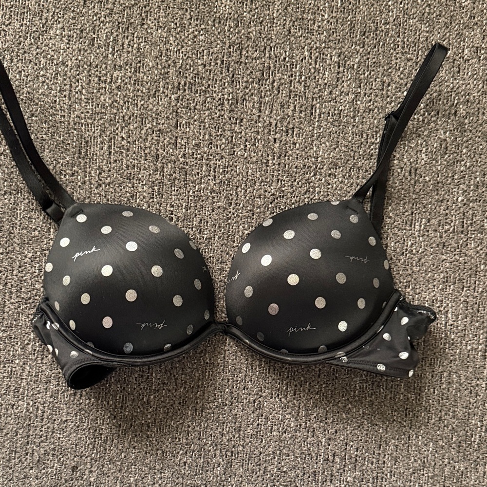 PINK Victoria's Secret Black Bra with Silver Polka Dots